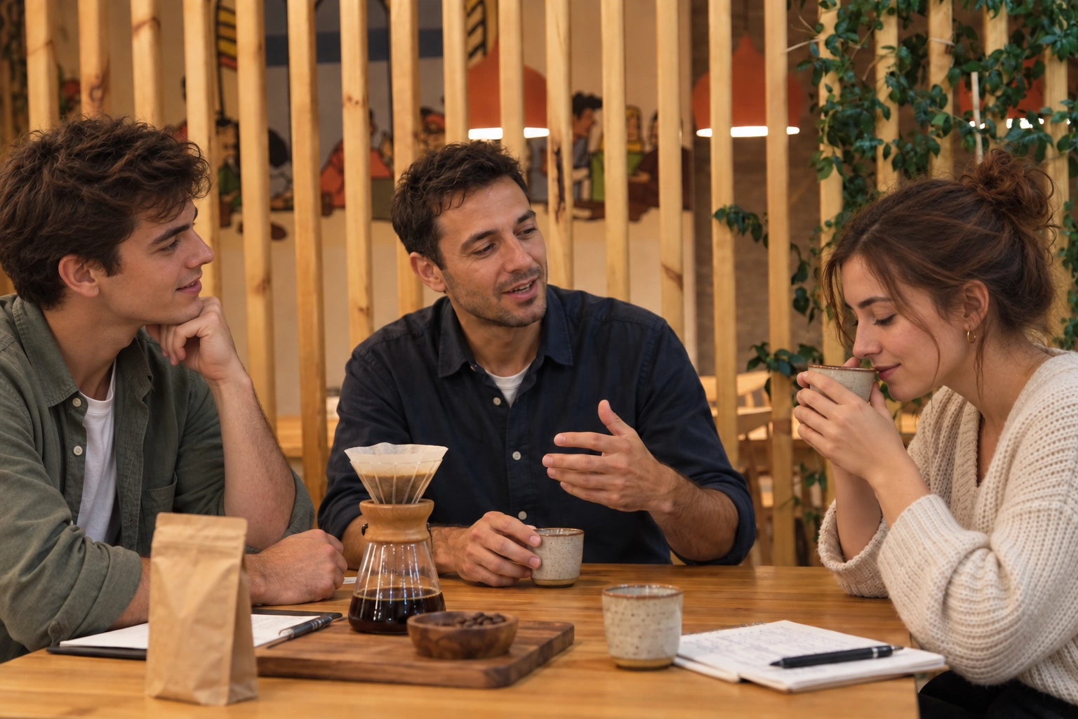 Ahşap kafe masasında üç kişi, kahve demleme ekipmanı ve fincanlar eşliğinde sohbet ediyor.