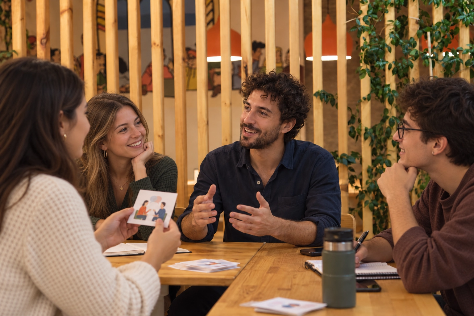 Ahşap bölmeli kafe alanında dört kişi resimli konuşma kartlarıyla masa başında grup etkinliği yapıyor.